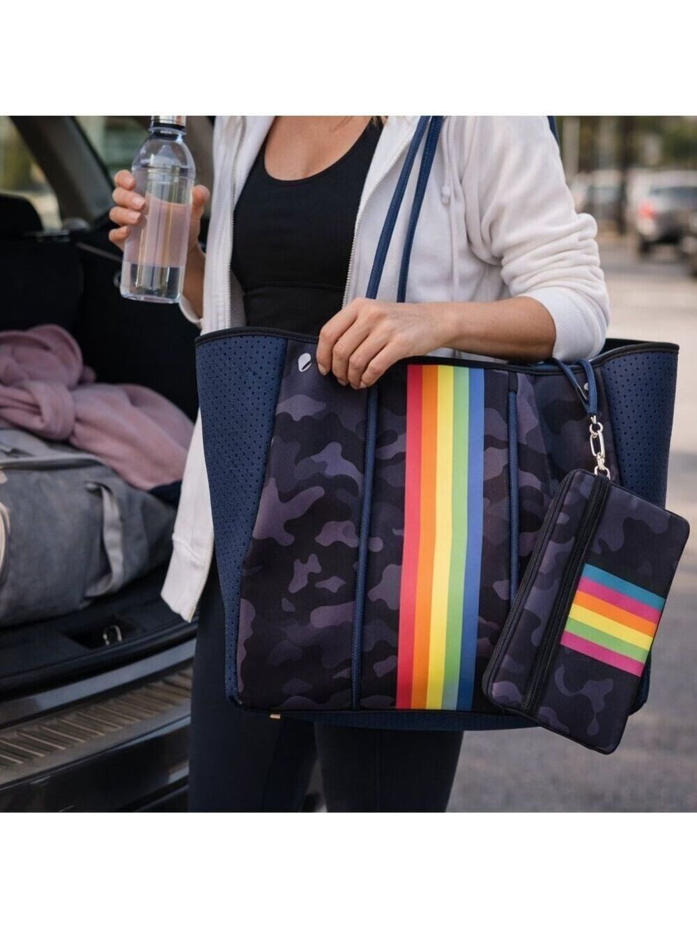 🌈 Neoprene Camo Tote Bag w/ Rainbow Stripe – Haute Shore–Style | Wallet Include